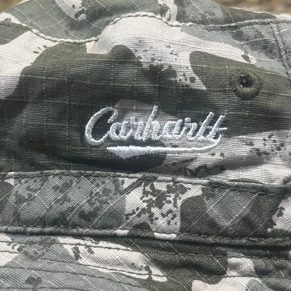 Carhartt Kids Camo Ripstop Bucket Hat Green Grey Camouflage Script Logo Sun Hat